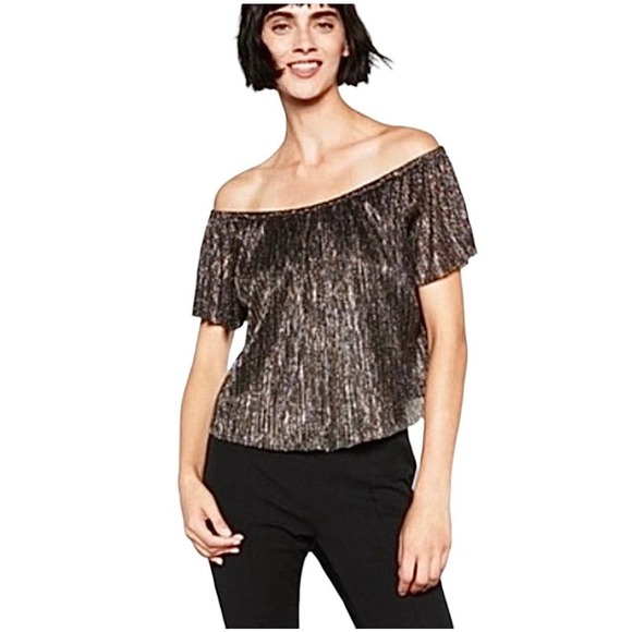 Zara Blouse Metallic Effect Black Top Off Shoulder Small - Picture 1 of 13
